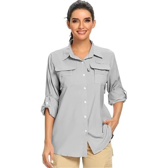 Women's UPF 50+ UV Sun Protection Safari Shirt, Long Sleeve Outdoor Cool Quick - Picture 7 of 7